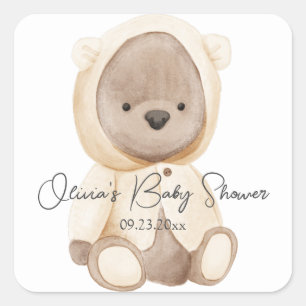 Adesivo Quadrado Chá de Bebê Personalizado Aquarela Urso Fofo