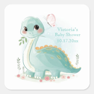 Adesivo Quadrado Chá de Bebê Personalizado de Dinossauro