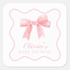 Adesivo Quadrado Chá de bebê preppy com laço rosa e xadrezinho