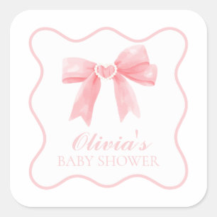 Adesivo Quadrado Chá de bebê preppy com laço rosa e xadrezinho