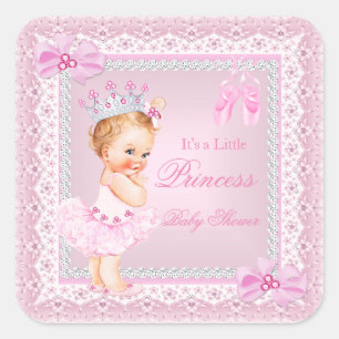 Adesivo Quadrado Chá de Bebê Princesa Menina Rosa Bailarina Loira