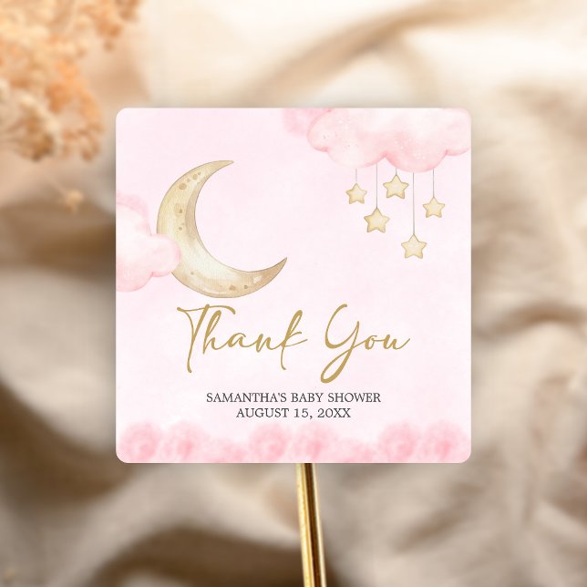 Adesivo Quadrado Chá de Bebê Rosa Além da Lua  (Over the Moon Baby Shower Sticker)