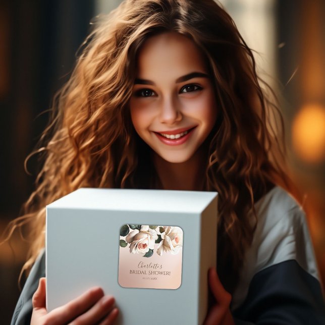 Adesivo Quadrado Chá de Bebê Rosa Bege Luxuoso com Rosa a Óleo para (Blush Beige Oil Rose Bridal Shower Square Sticker)