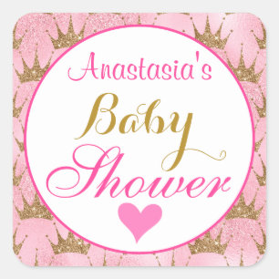 Adesivo Quadrado Chá de Bebê Rosa e Dourado Brilhante Princesa Meni