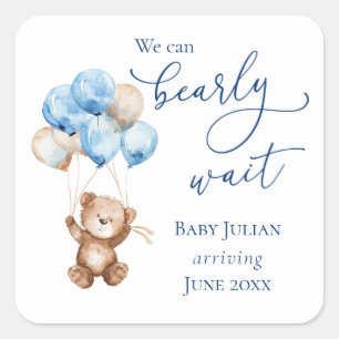 Adesivo Quadrado Chá de Bebê Urso Teddy Azul Bearly Wait