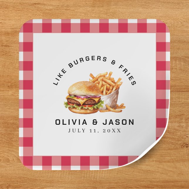 Adesivo Quadrado Chá de casamento de Piquenique para Burgers e Frie (Burgers & Fries Picnic Wedding Shower Square Sticker
)