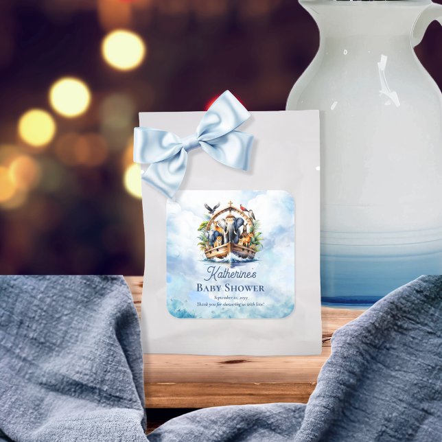 Adesivo Quadrado Chá de fraldas Azul de Bichinhos-de-Arca de Noah (Noah's Ark Cute Animals Blue Boy Baby Shower Favor Square Sticker)