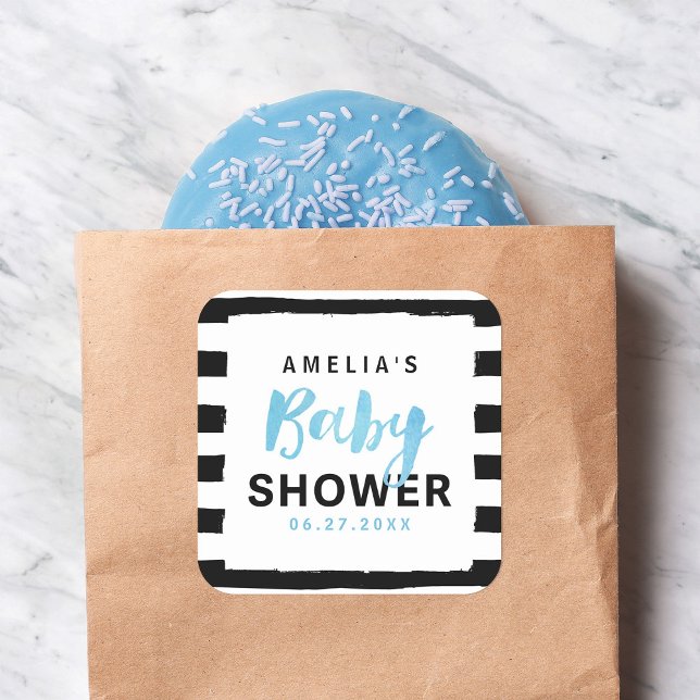 Adesivo Quadrado Chá de fraldas Azul de Stripes Brancas e Pretas (Criador carregado)