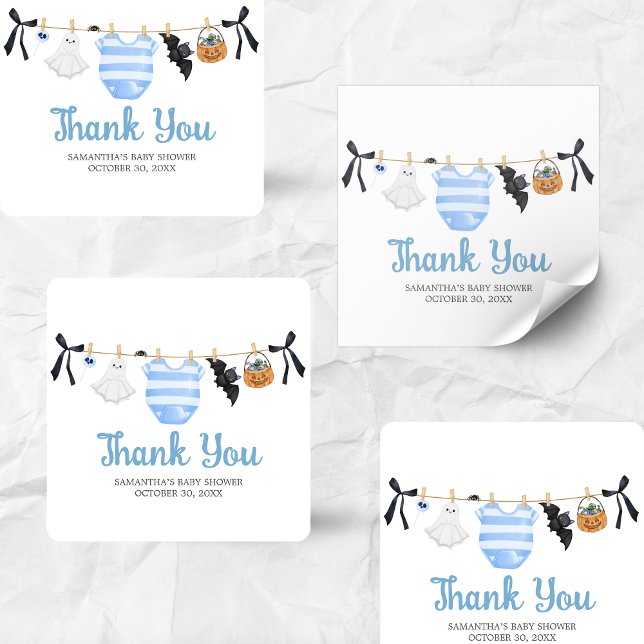 Adesivo Quadrado Chá de fraldas Blue Little Boo (Boy Little Boo Halloween Clothesline Baby Shower Sticker)