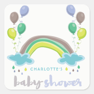 Adesivo Quadrado Chá de fraldas Blue Rainbow & Balloons Boy Sticker