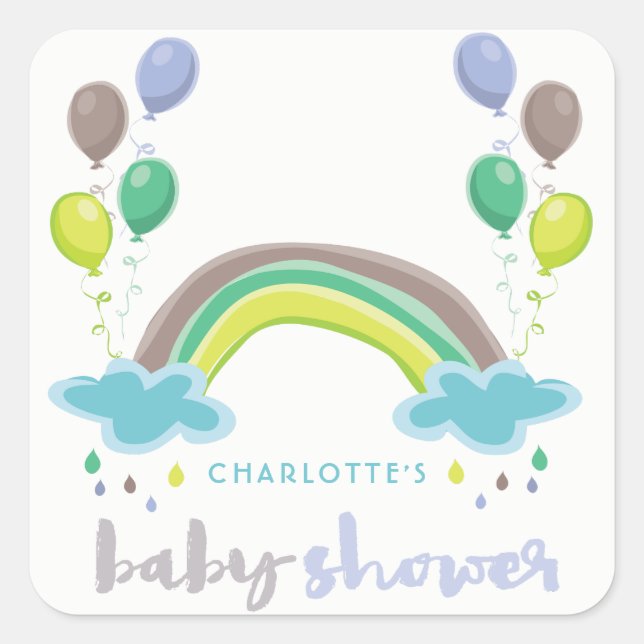 Adesivo Quadrado Chá de fraldas Blue Rainbow & Balloons Boy Sticker (Frente)