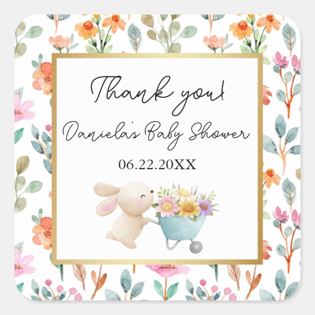 Adesivo Quadrado Chá de fraldas Bonito de Flores Selvagens (Frente)