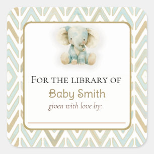 Adesivo Quadrado Chá de fraldas Bookplate Sticker with Plush Elepha