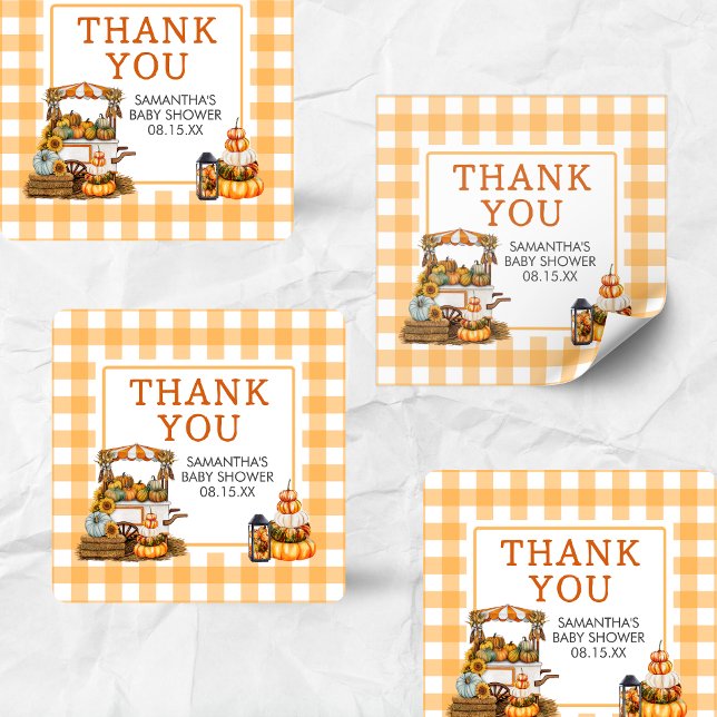 Adesivo Quadrado Chá de fraldas de abóbora crescido localmente (Fall Pumpkin Baby Shower Sticker)