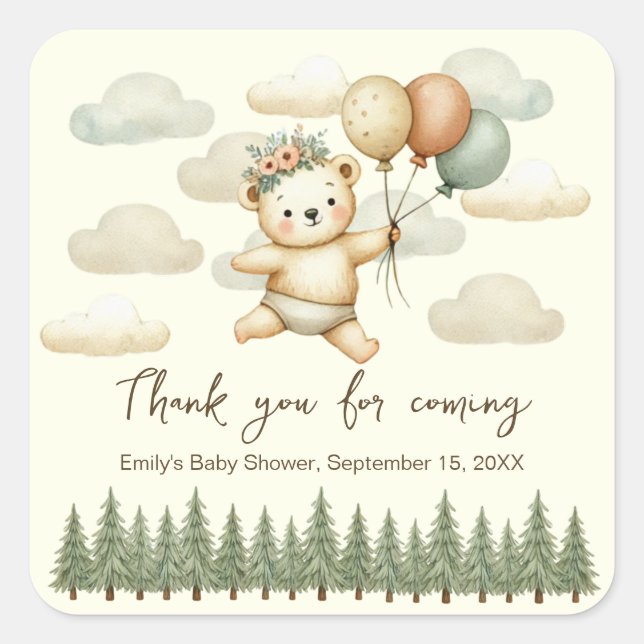 Adesivo Quadrado Chá de fraldas de Aventuras de Urso Flutuante (Frente)