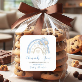 Adesivo Quadrado Chá de fraldas de Balão de Beige Azul Bunny Obriga