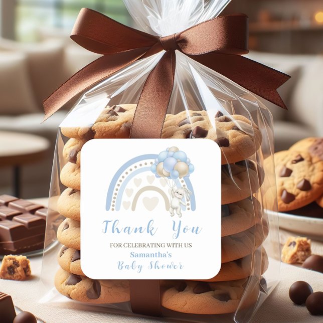 Adesivo Quadrado Chá de fraldas de Balão de Beige Azul Bunny Obriga (Criador carregado)