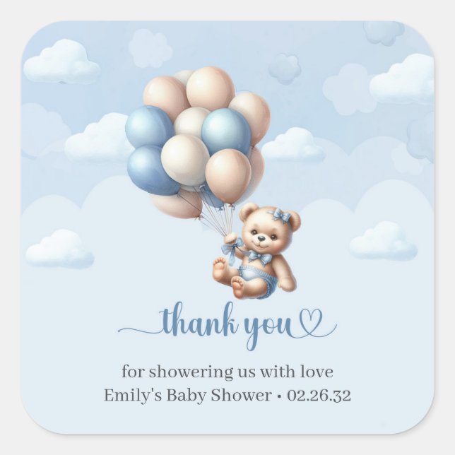 Adesivo Quadrado Chá de fraldas de balões de marfim azuis de urso d (Frente)