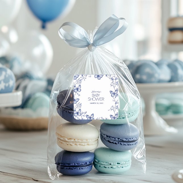 Adesivo Quadrado Chá de fraldas de Borboleta de Chinoiserie Azul (Criador carregado)