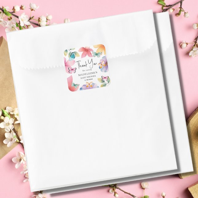 Adesivo Quadrado Chá de fraldas de borboleta Obrigado (Criador carregado)