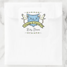 Chá de fraldas de Crest Stork desenhado à mão