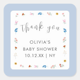 Adesivo Quadrado Chá de fraldas de flor selvagem azul, obrigado
