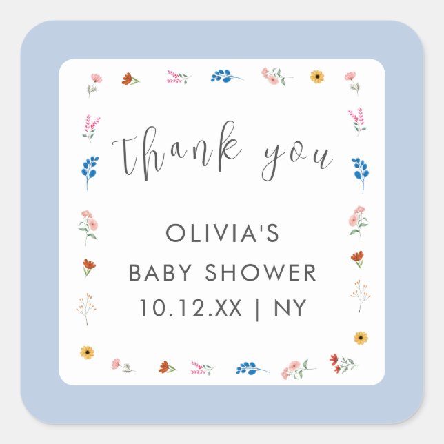 Adesivo Quadrado Chá de fraldas de flor selvagem azul, obrigado (Frente)