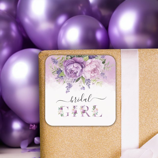 Adesivo Quadrado Chá de fraldas De Garden Flowers De Púrpura E Rosa (Purple And Pink Garden Flowers Girl Baby Shower Square Sticker)