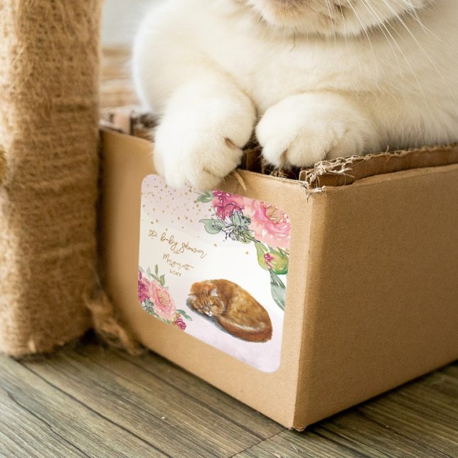 Adesivo Quadrado Chá de fraldas de Garota com Ilustração de Gato So (Criador carregado)