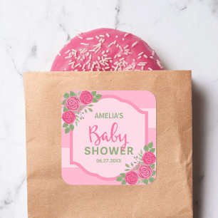 Adesivo Quadrado Chá de fraldas de Garotas Rosa e Rosas