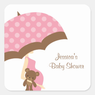 Adesivo Quadrado Chá de fraldas de guarda-chuva rosa