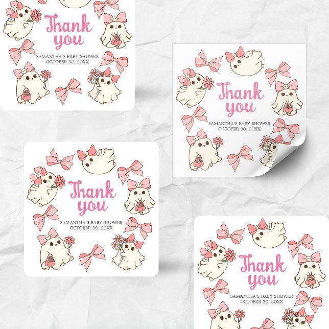Adesivo Quadrado Chá de fraldas de Halloween para Meninas Fantasmas (Pink Little Boo Halloween Baby Shower Sticker)