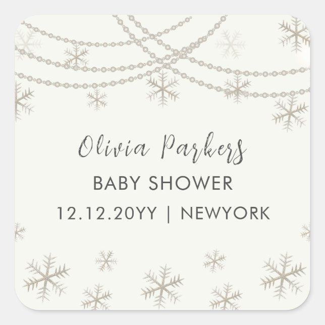 Adesivo Quadrado Chá de fraldas de inverno com flocos de neve elega (Frente)