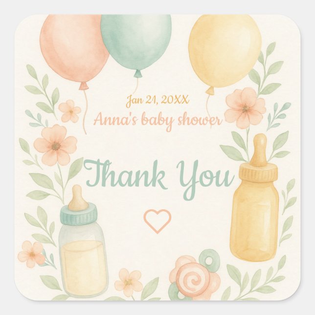 Adesivo Quadrado Chá de fraldas de Mola de Aquarela (Frente)