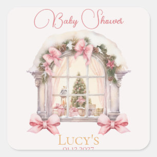 Adesivo Quadrado Chá de fraldas de Natal Pink Nutcracker Watercolor