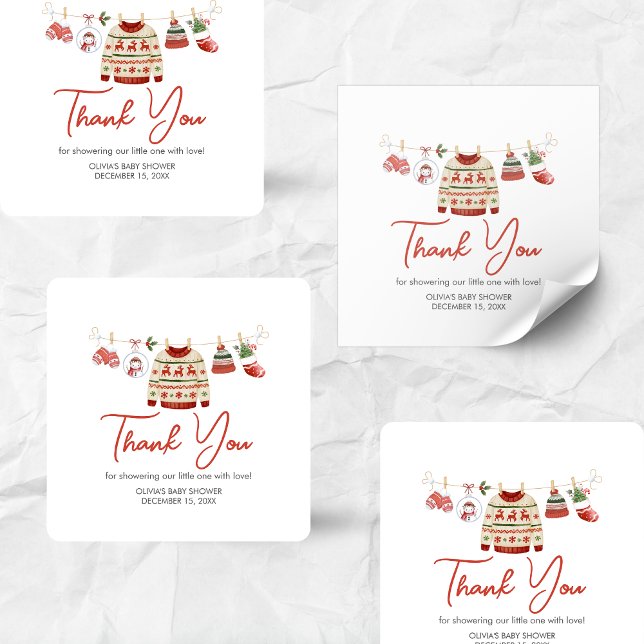 Adesivo Quadrado Chá de fraldas de Papais noeis de Natal (Christmas Santa Baby Clothesline Baby Shower Sticker)