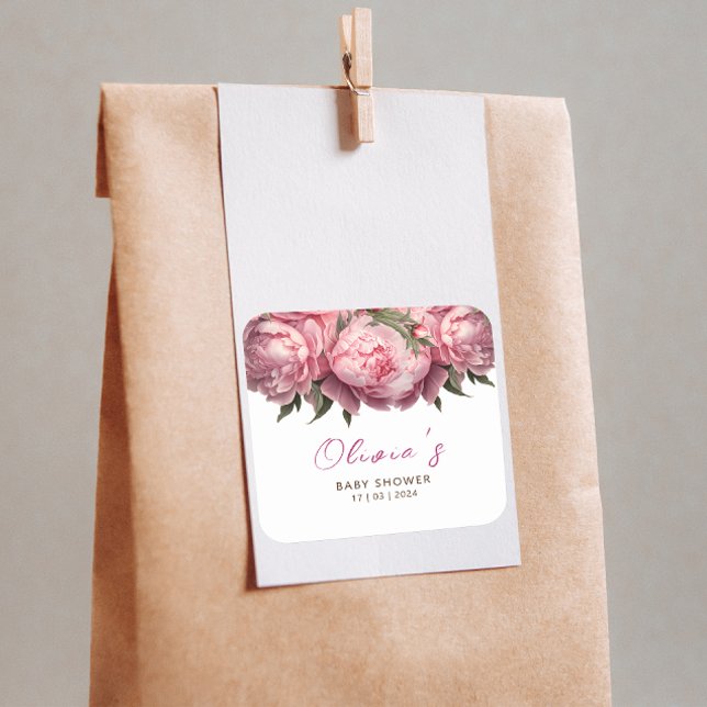 Adesivo Quadrado Chá de fraldas de Peonias Rosa (Pink Peonies Watercolor Baby Shower Square Sticker)
