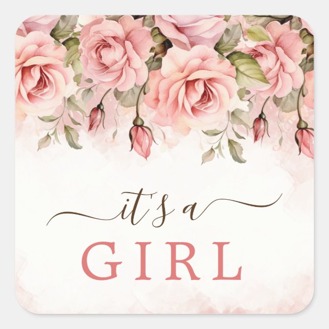 Adesivo Quadrado Chá de fraldas de Rosa Blush É uma garota (Frente)