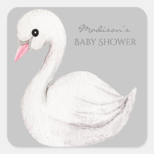 Adesivo Quadrado Chá de fraldas de Script Elegante de Swan Branco