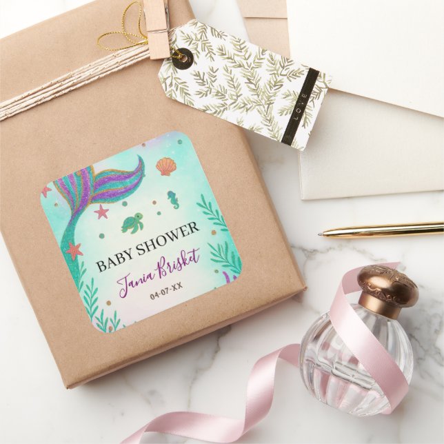 Adesivo Quadrado Chá de fraldas de Sereia Glitter Turquoise (Presentear)