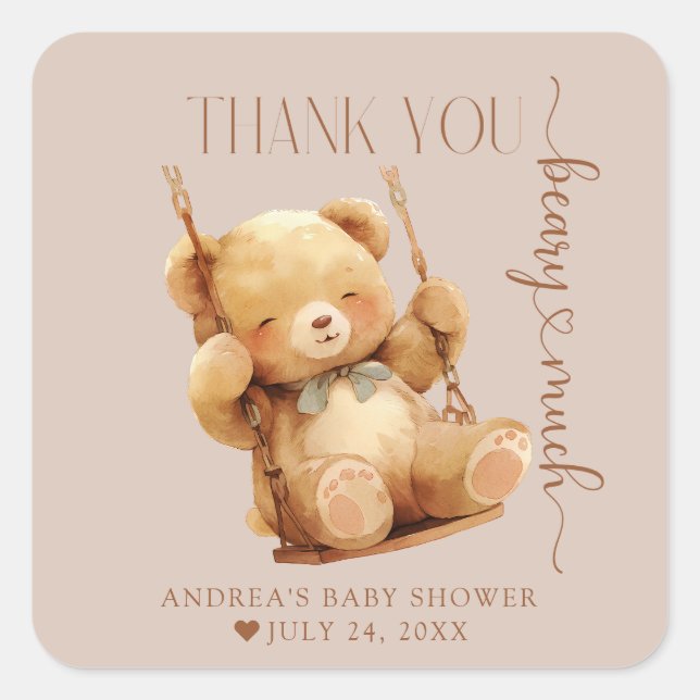 Adesivo Quadrado Chá de fraldas De Urso Bonito, Obrigado (Frente)