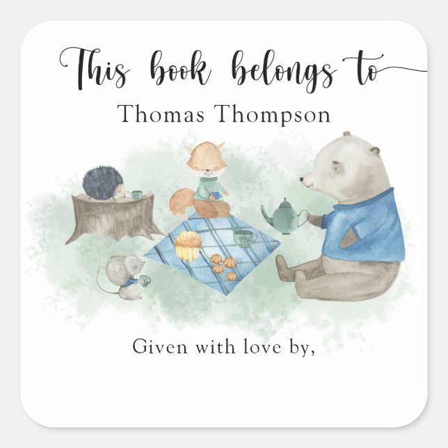 Adesivo Quadrado Chá de fraldas de Woodland - este livro pertence a (Frente)