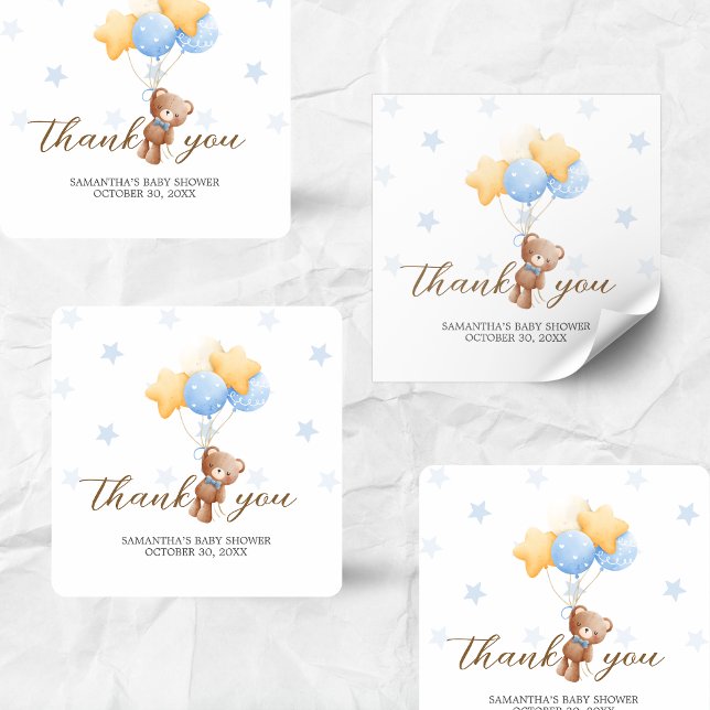 Adesivo Quadrado Chá de fraldas do Balão do Urso Azul (Boy We Can Bearly Wait Balloon Baby Shower Sticker)