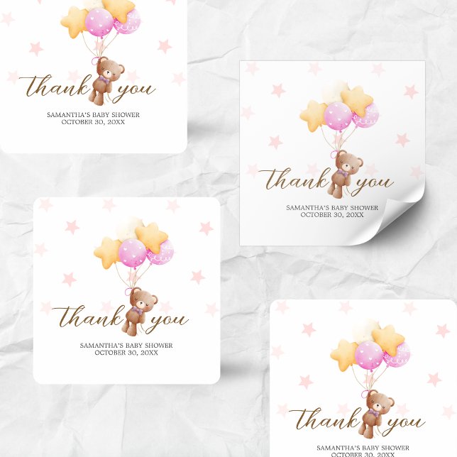 Adesivo Quadrado Chá de fraldas do Balão do Urso Rosa (Girl We Can Bearly Wait Balloon Baby Shower Sticker)