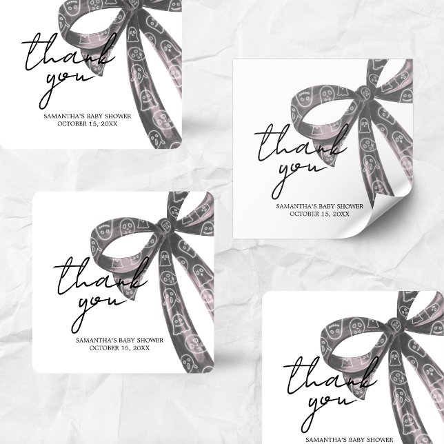 Adesivo Quadrado Chá de fraldas do Dia das Bruxas do Arco Negro (Black Bow Little Boo Coquette Halloween Baby Shower Sticker)
