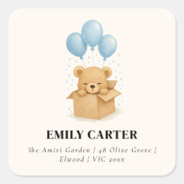 Adesivo Quadrado Chá de fraldas do Menino do Urso do Balão Azul Mín