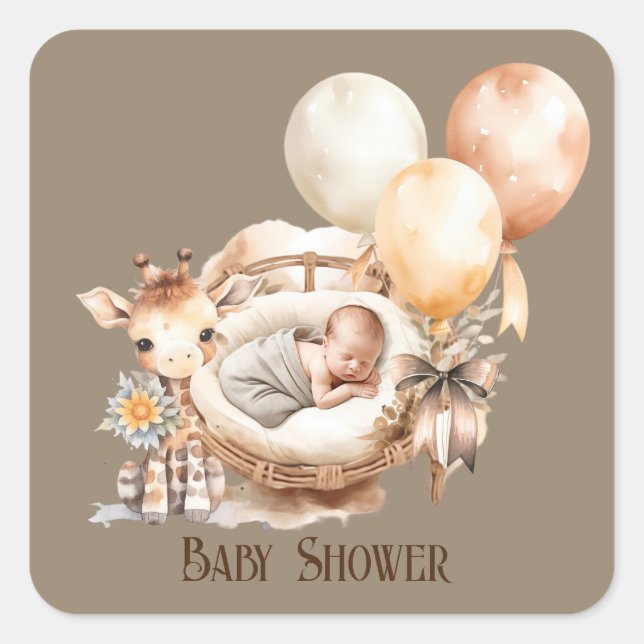 Adesivo Quadrado Chá de fraldas dos Balões da Girafa de Tonalidade  (Frente)