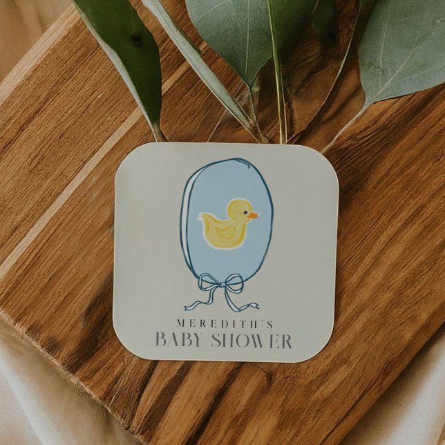 Adesivo Quadrado Chá de fraldas Elegante de Fita Ducky (Elegant Rubber Ducky Ribbon Baby Shower Square Sticker)