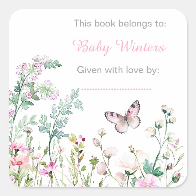 Adesivo Quadrado Chá de fraldas Floral da Borboleta Verde primavera (Frente)