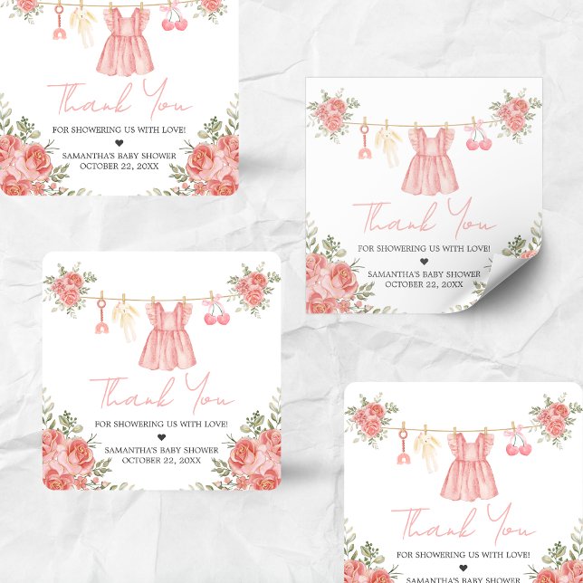 Adesivo Quadrado Chá de fraldas Floral Rosa Boho (Sweet Little Girl Boho Floral Clothesline Baby Shower Sticker)
